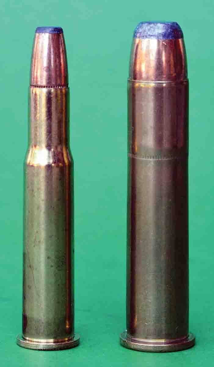 The 30-30 Winchester (left) was notably lighter, faster, flatter-shooting and recoiled less than the 45-70 Government (right).